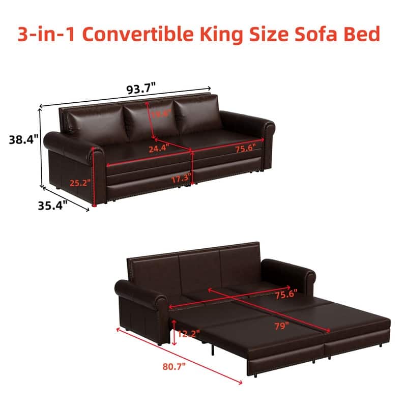 3-in-1 King Pull Out Sofa Bed Chesterfield Sofa, Velvet/Faux Leather Convertible Sleeper Sofa with Nailhead Trim & Rolled Arm