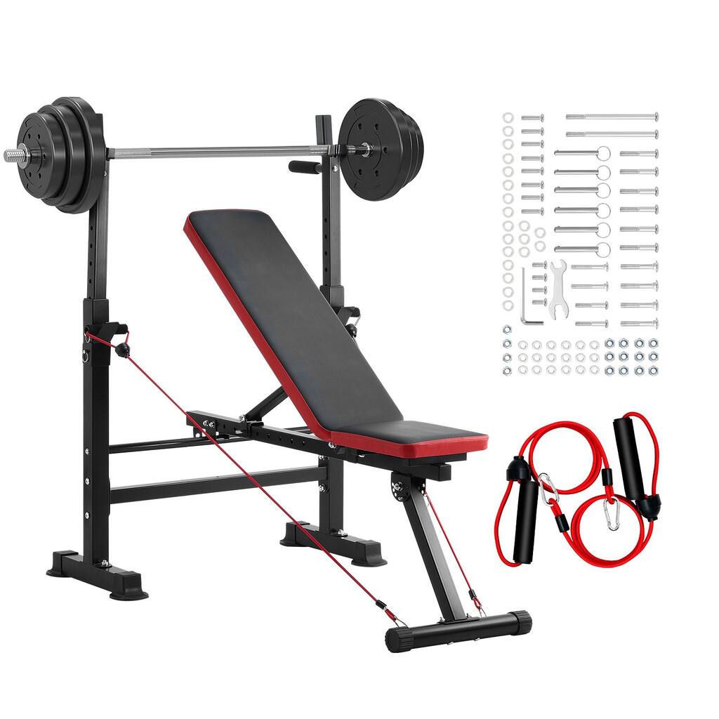 Black Red Steel Foldable Workout Bench with Rack and Resistance Bands - 55.1” L x 33.1” W x 46.1” H