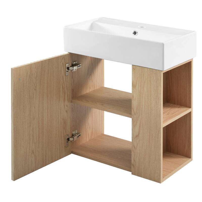Floating Bathroom Vanity with Sink, Wall Mounted Bathroom Vanity, Narrow Bathroom Cabinet with Soft-Close Door & Open Shelf