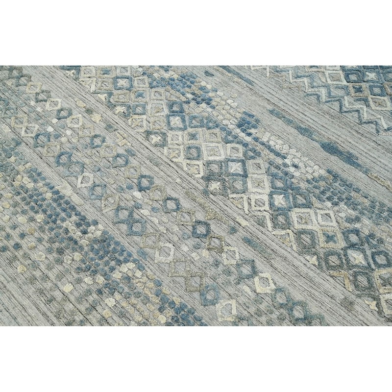 Hand Knotted Textured Gray,Blue Tibetan Wool Modern Oriental Area Rug - 6' x 8' 11''