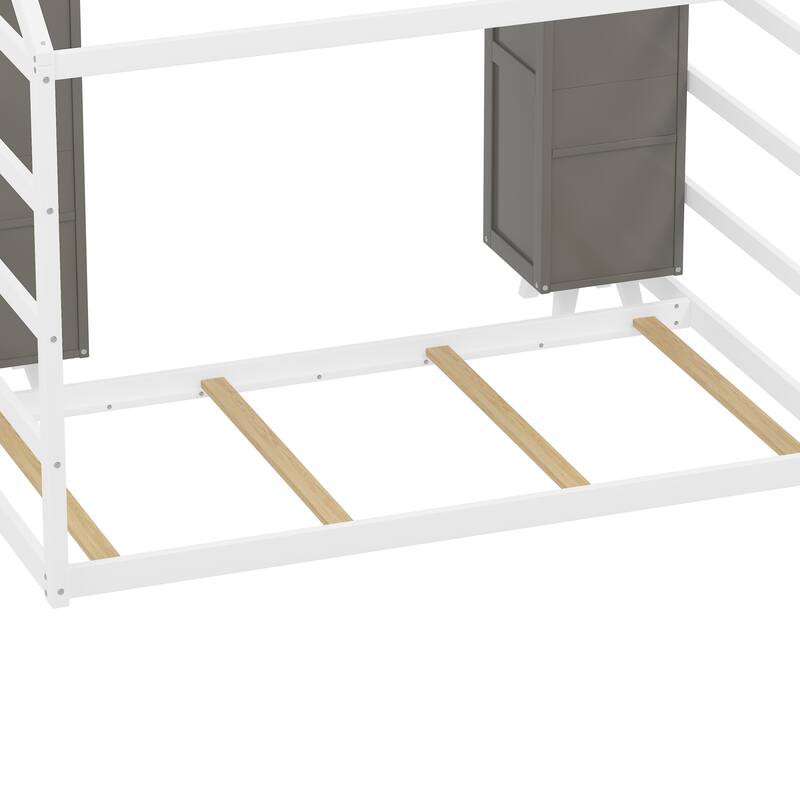 Wooden Twin Size House Bed with Fence and Roof, Kids Floor Bed with Two Movable Wardrobes, Gray