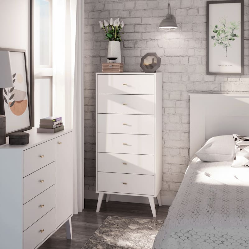 Prepac Milo Mid-Century Modern 6 Drawer Dresser, Tall Chest of Drawers, Retro Bedroom Furniture, Lingerie Dresser
