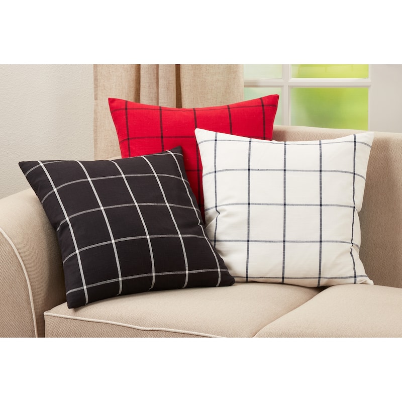 Large Plaid Design Pillow - Feather Down - White