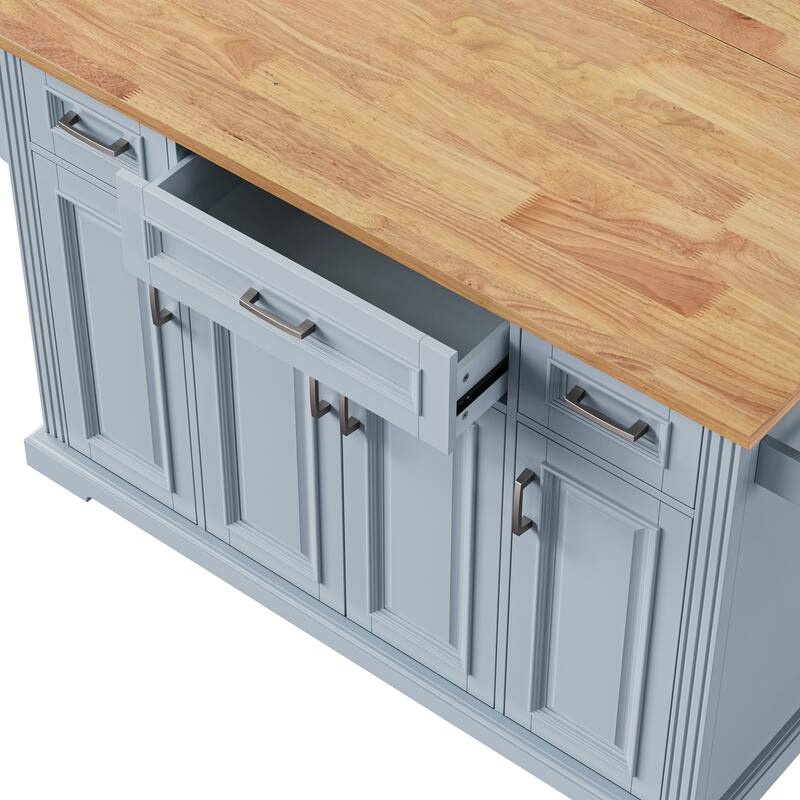 54 Inch Kitchen Island with Rubber Wood Drop Leaf and Rolling Cart Storage