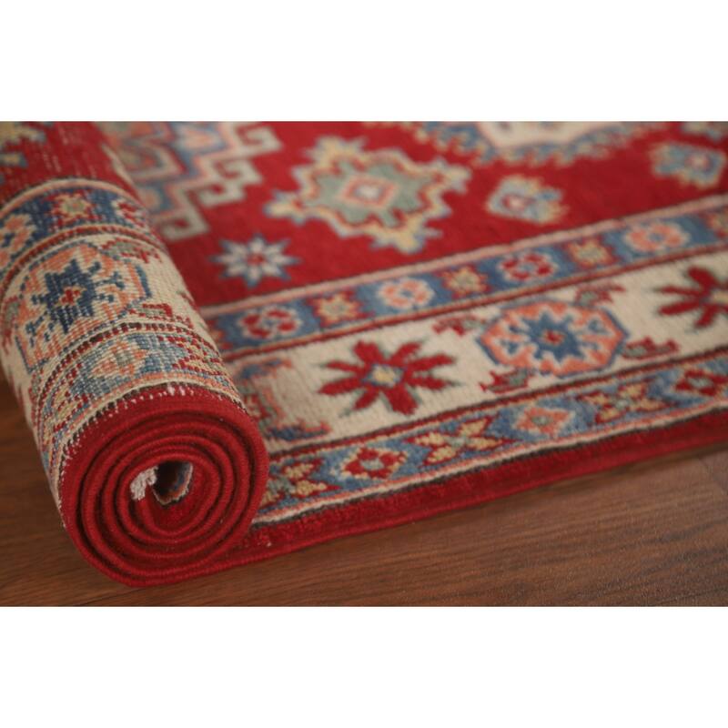 Geometric Red Kazak Runner Rug Hallway Hand-Knotted Wool Carpet - 2'7" x 8'0"