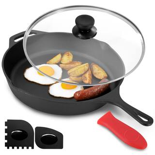 12 Inch Pre-Seasoned Cast Iron Skillet Includes Glass Lid and Silicone Handle Cover
