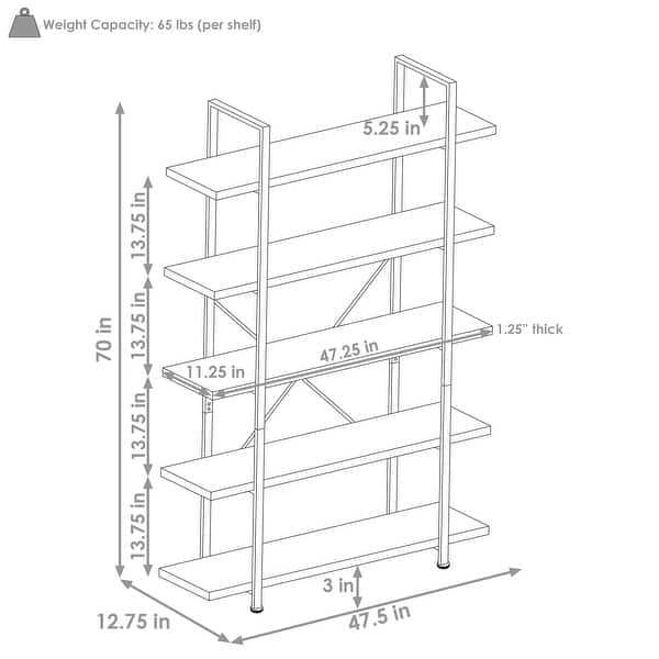 dimension image slide 0 of 2, Sunnydaze Industrial Style 5-Tier Bookshelf with Wood Veneer Shelves