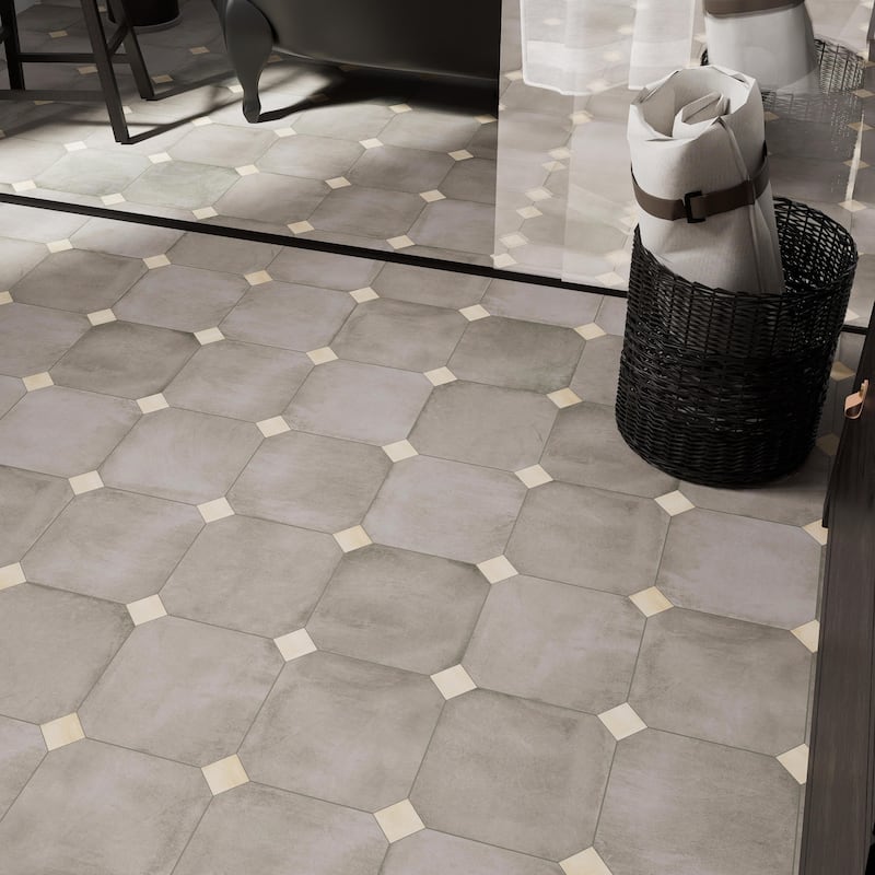 Merola Tile Laverton Octagon Grafito with Taco Beige 7-7/8" x 7-7/8" Porcelain Floor and Wall Tile
