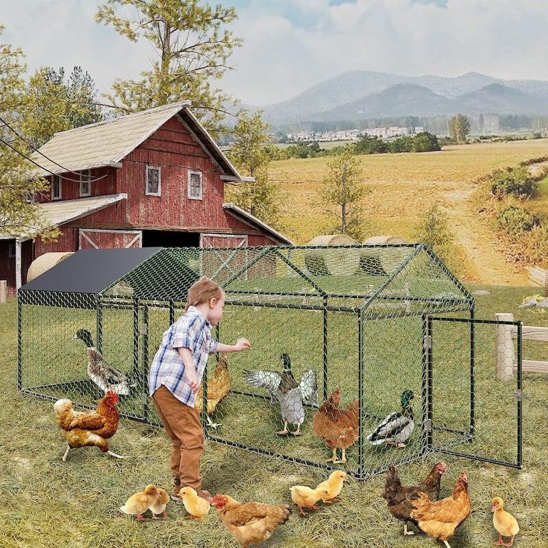 3 Doors Outdoor Large Metal Chicken Coop with Waterproof Anti-UV Cover for Rabbit Duck