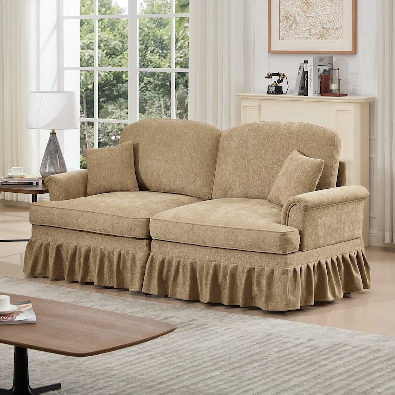 Mid-Century 2-Seat Sofa Couch with Flared Arms & Removable Ruffled Skirts, Retro Chenille Upholstered Loveseat for Living Room