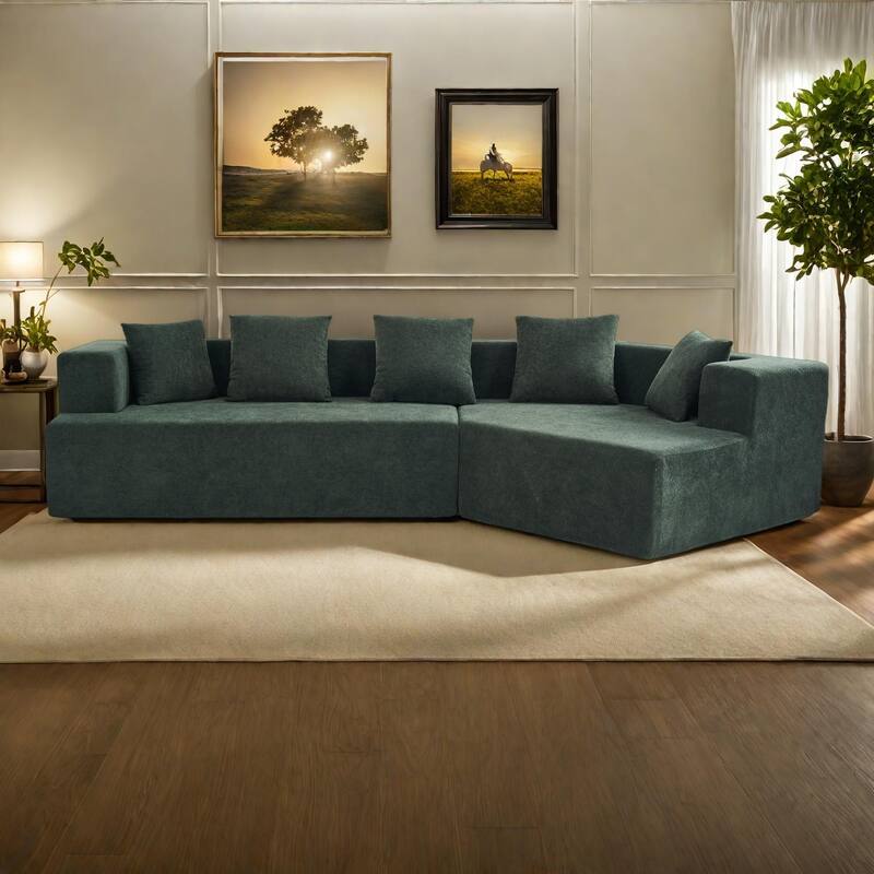 129.5" Chenille Memory Foam Sectional Sofa with Deep Seat, No Installation Required, and Quick Rebound Foam - Green