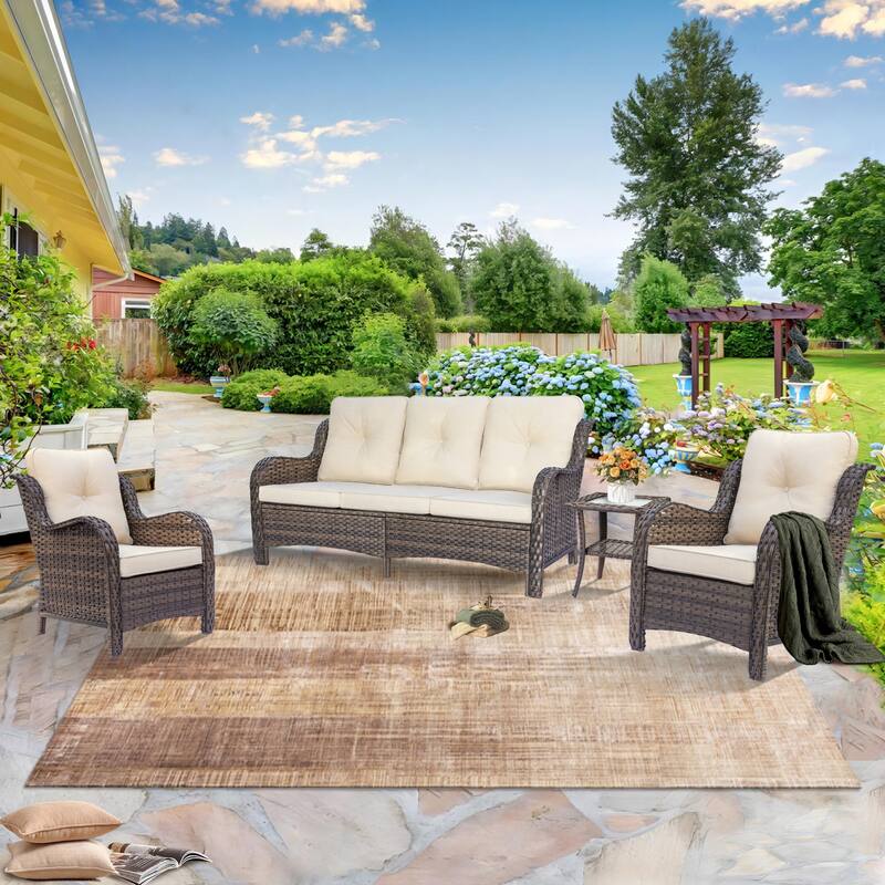 High Back Brown Wicker Outdoor Patio Furniture Sets with Patio Chairs - 4 Piece - Beige