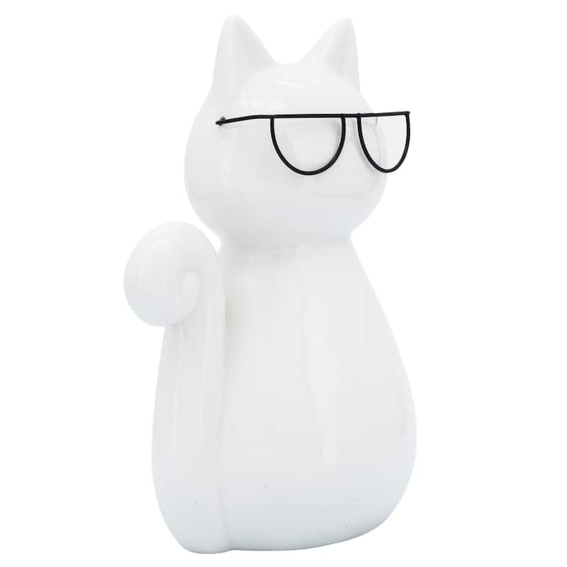 Sitting Cat with Eyeglasses Tabletop Figurine - 7" - White