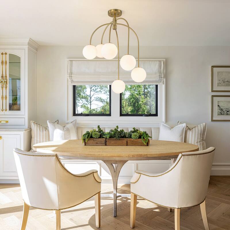 6-Light Brass Semi-Flush Mount Ceiling Light with Opal Glass Globe Shades - 27.2-in W x 32.3-in H