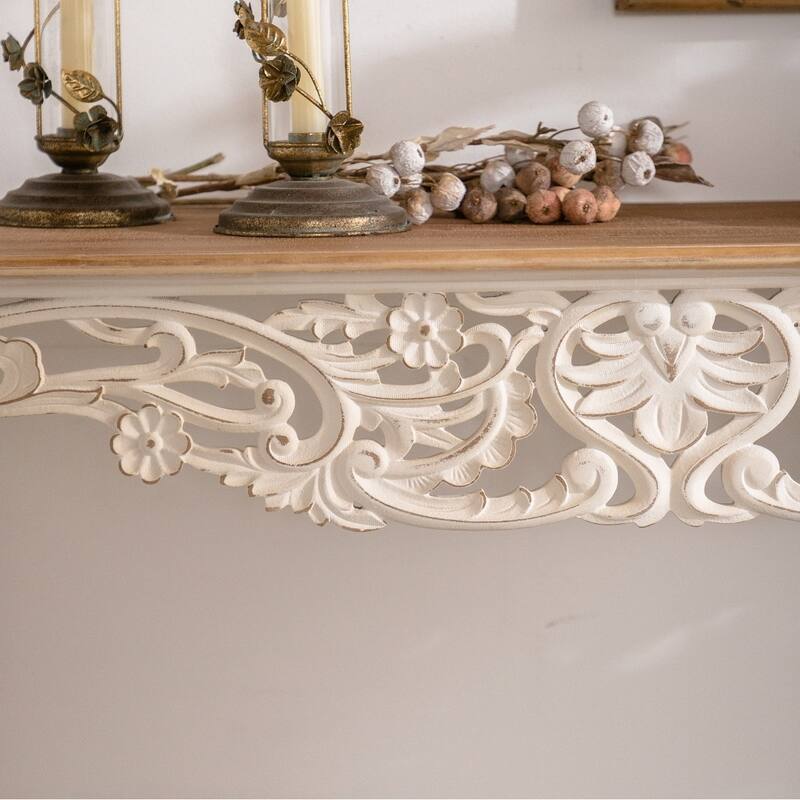 Antique White Console Table with Carved Details, Distressed Console Table,Entry Table with Wood Carvings and Curved Legs