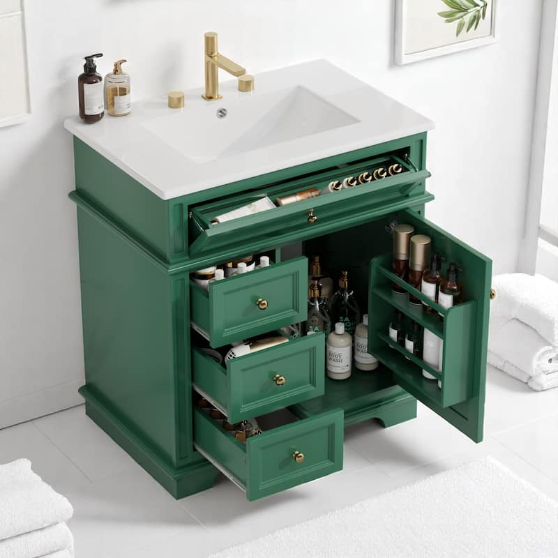 30 Inch Freestanding Vanity with Ceramic Sink, 1 Door, 4 Drawers, Door Shelf, Painted Wood Cabinet