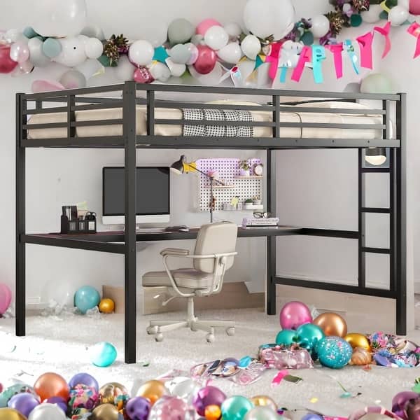 slide 2 of 12, Black Full XL Size Loft Bed Kids Bed with Power Outlet and LED Lighted Black