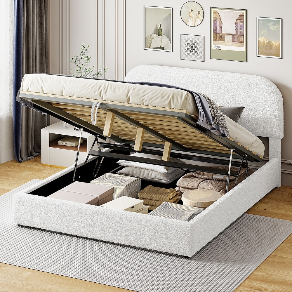 Teddy Fleece Upholstered Platform Bed with Hydraulic Storage System for Bedroom