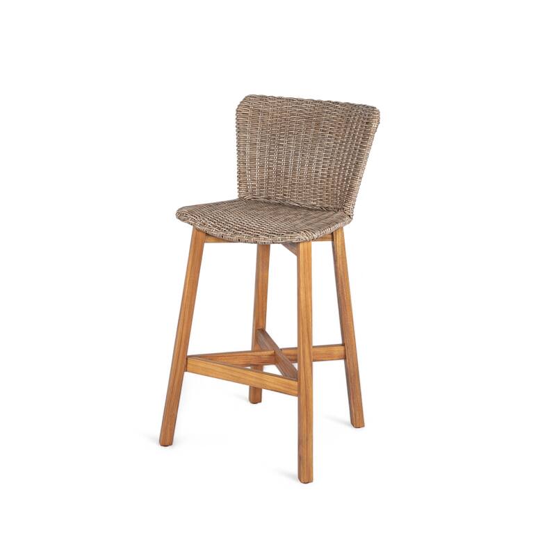 Roomfitters Lymington Outdoor Acacia Wood Barstools with Wicker Seat, Teak Finish and Light Brown Set of 2