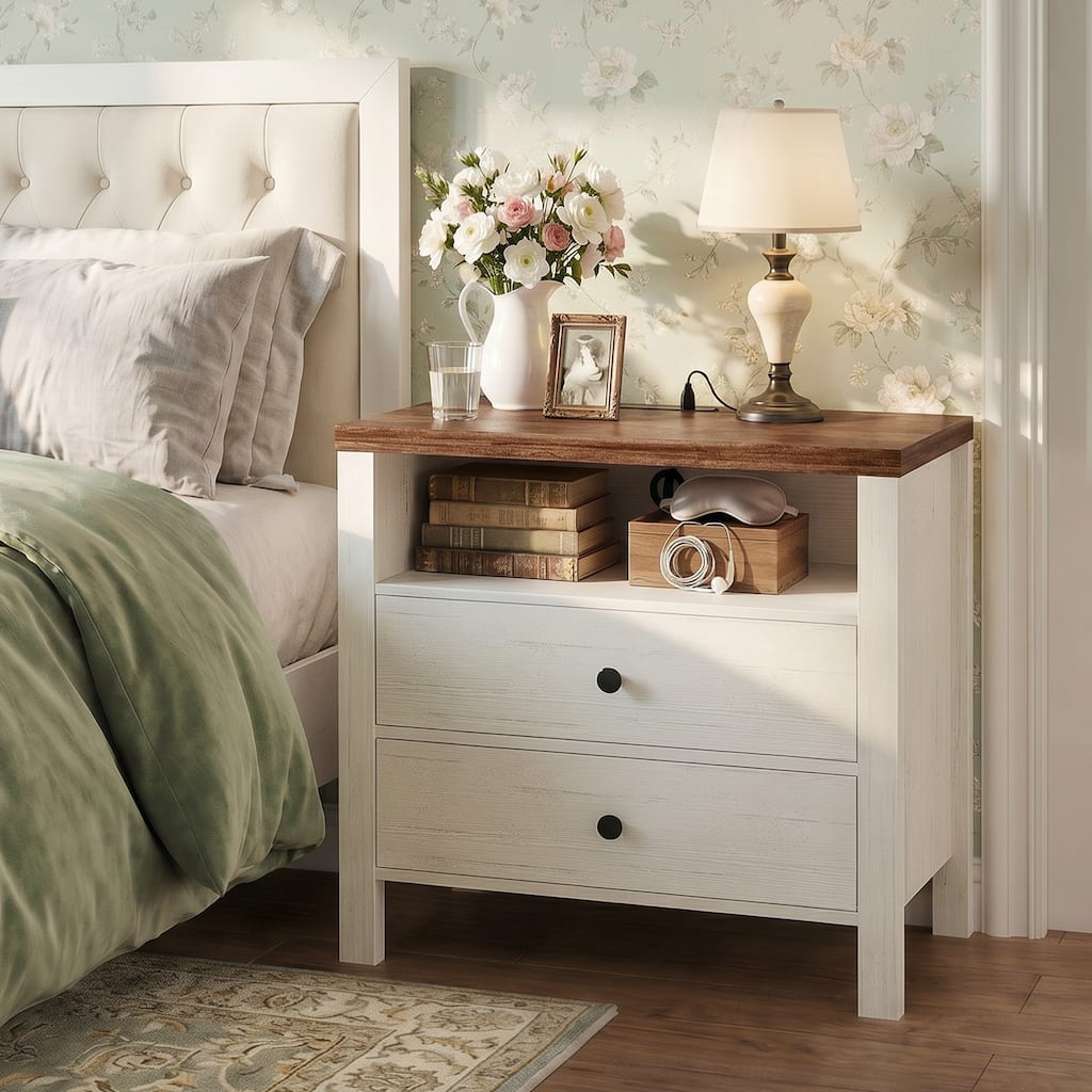 Set of 2 Nightstands with Charging Station, 2-Drawer Wooden Bedside End Tables with Open Storage Shelf