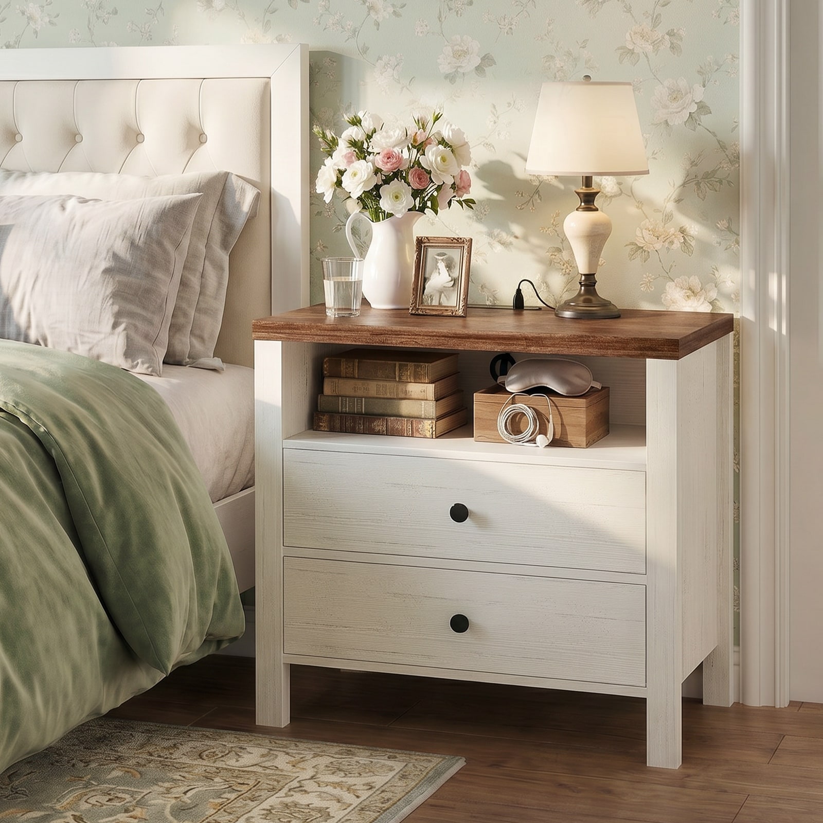 Set of 2 Nightstands with Charging Station, 2-Drawer Wooden Bedside End Tables with Open Storage Shelf