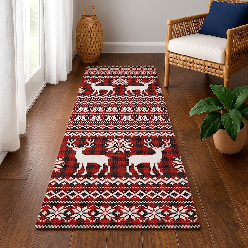 Premium Washable Super Soft Christmas Reindeer Mayfield Rug - Red - 2'3" x 7'6"