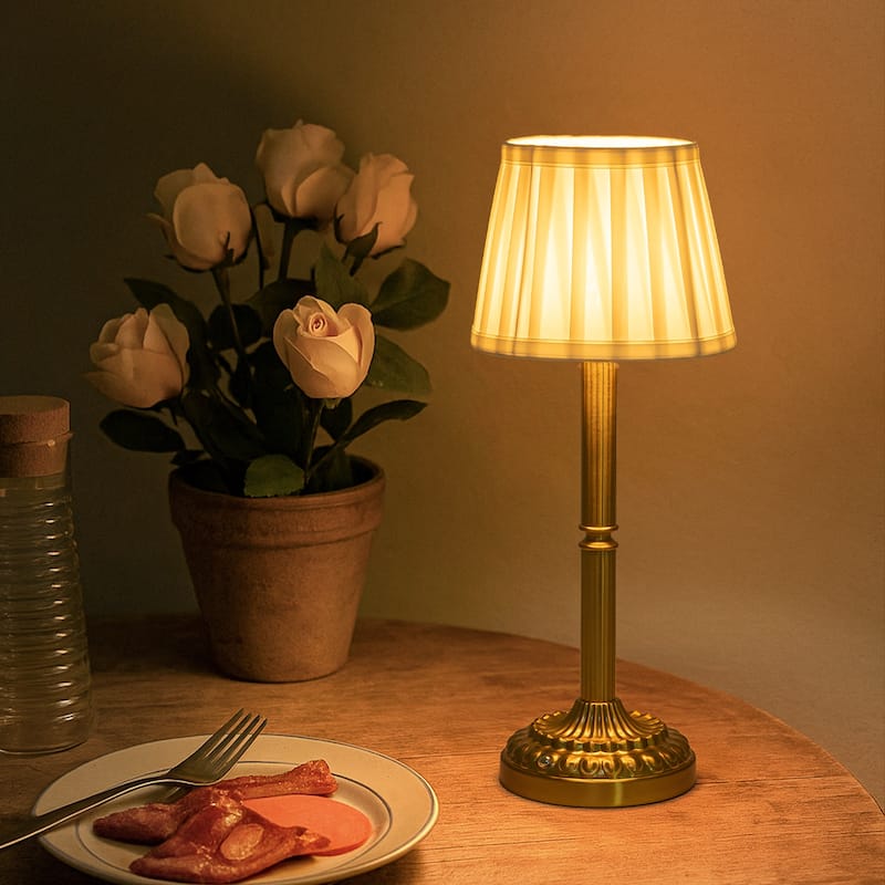 ALOADECOR Glam Cordless Brass Table Lamp Touch Control with 3 Way Classic Elegant Dimmable LED Nightstand Lamp with Fabric Shade - H16''