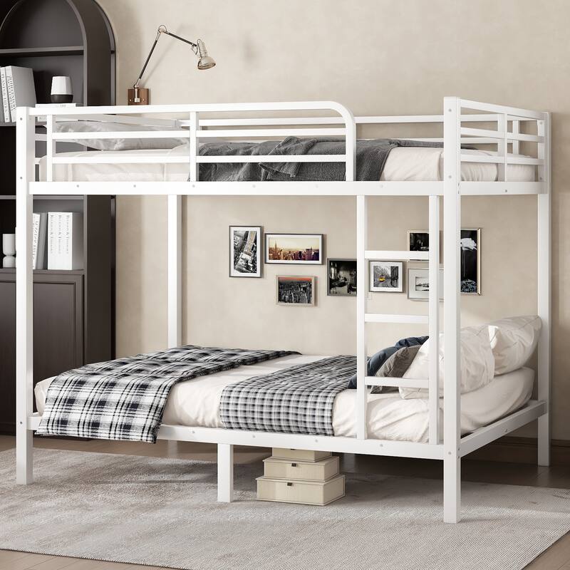Full-over-Full Metal Bunk Bed with Noise Reduction and Under-Bed Storage - Off White