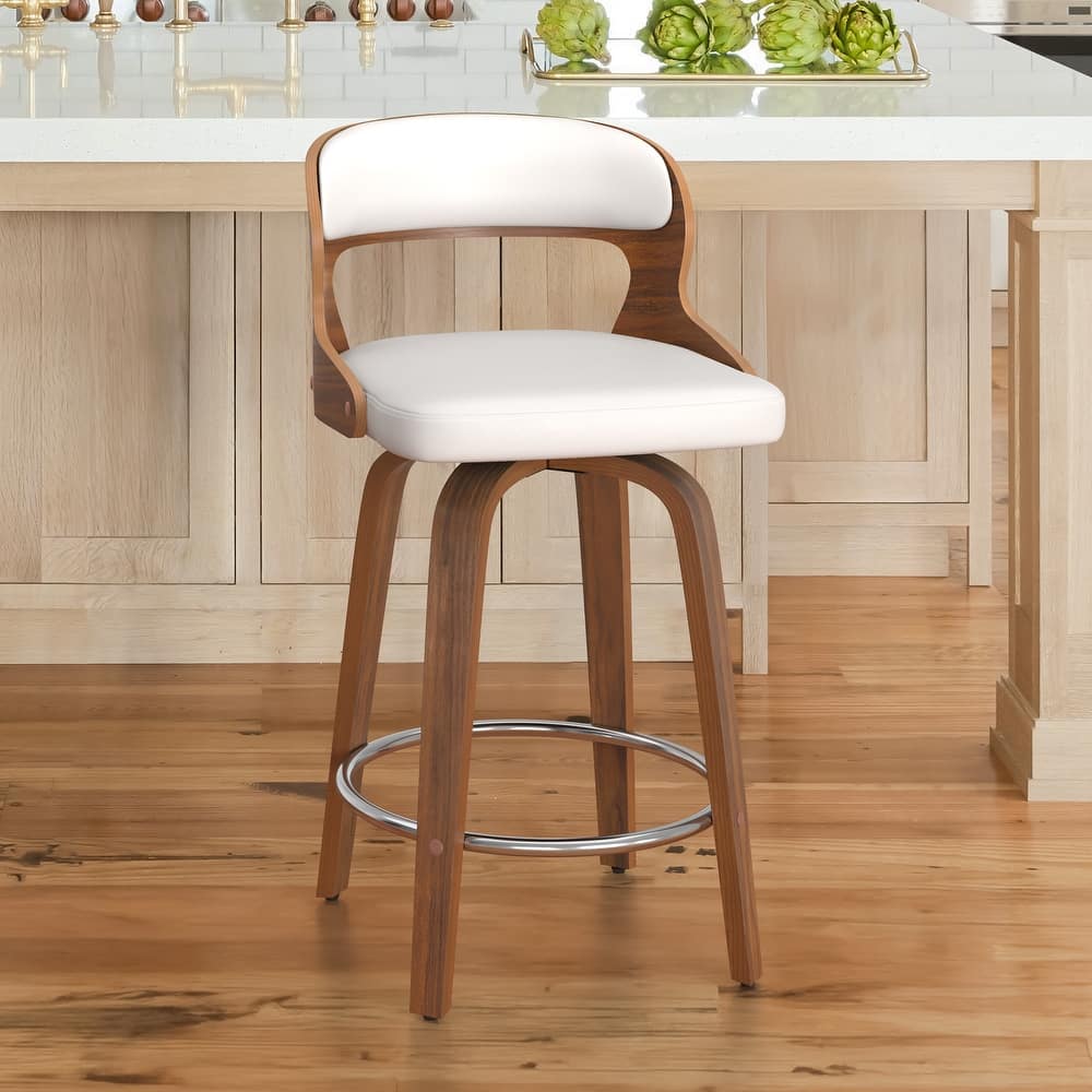 26.in Modern Leather Bar Stool Swivel Upholstered Hollow Back Counter Height Barstool with Wood Frame
