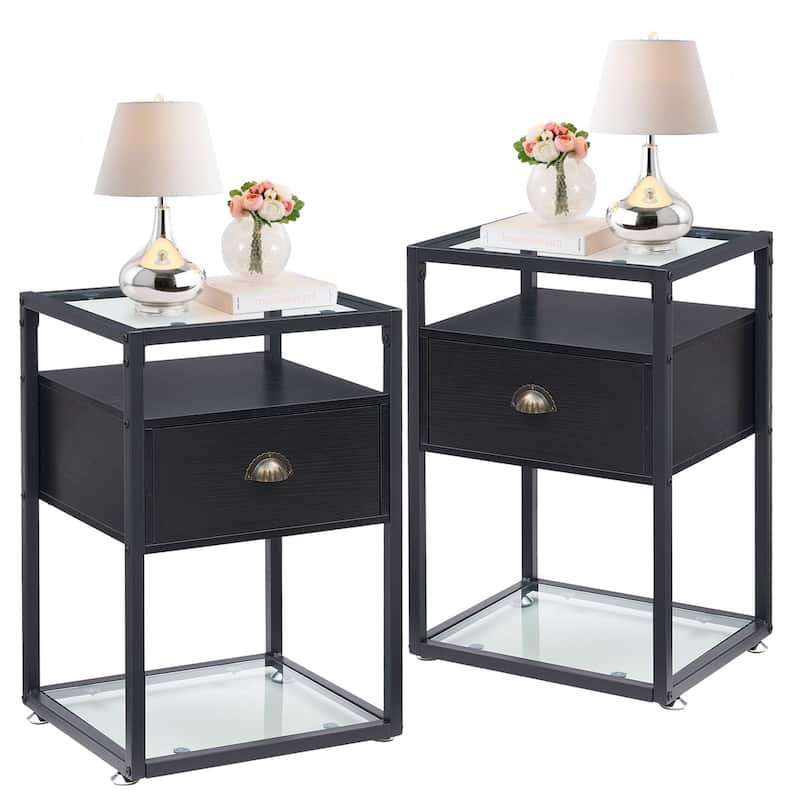 VECELO (Set of 2) Modern 1-Drawer Nightstand with 2-tier Glass Shelves - Black