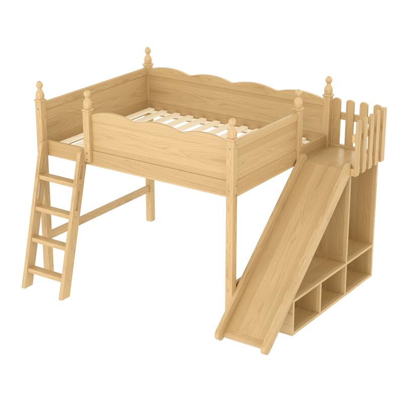 Fun Play Loft Bed for Kids with Open Shelves and Wardrobe, Solid Wood Storage Bed Frame with with Detachable Slide and Ladder