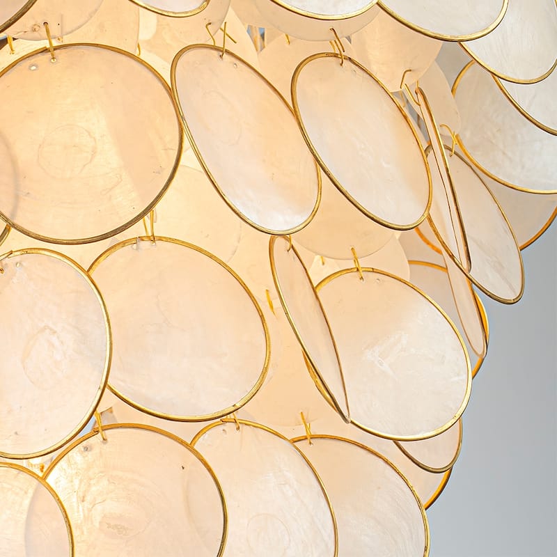 Wide Modern Coastal Aged Bronze Natural Capiz Shell Tiered Flush Mount Vintage Glam Ceiling Light For Living Room