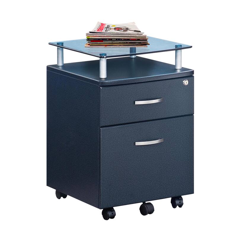 Graphite Mobile Rolling File Cabinet with Glass Top