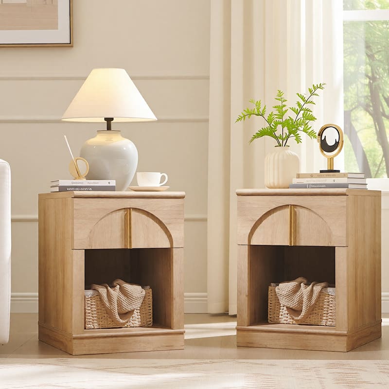 Modern Nightstand Set of 2, Bedside Table with Charging Station - Oak