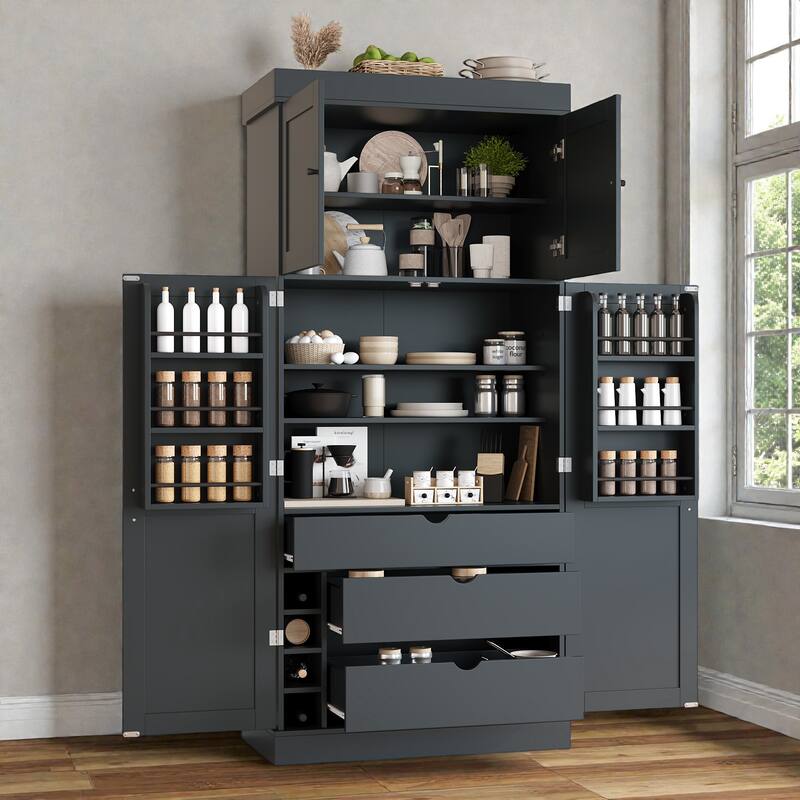 77 Inch Tall Kitchen Pantry Cabinet, Shaker Style Storage with Adjustable Shelves, Drawers, Door Shelves and Wine Racks