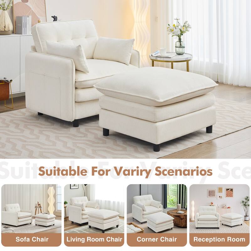 Upholstered Chenille Oversized Accent Armchairs with Ottoman and Side Pocket