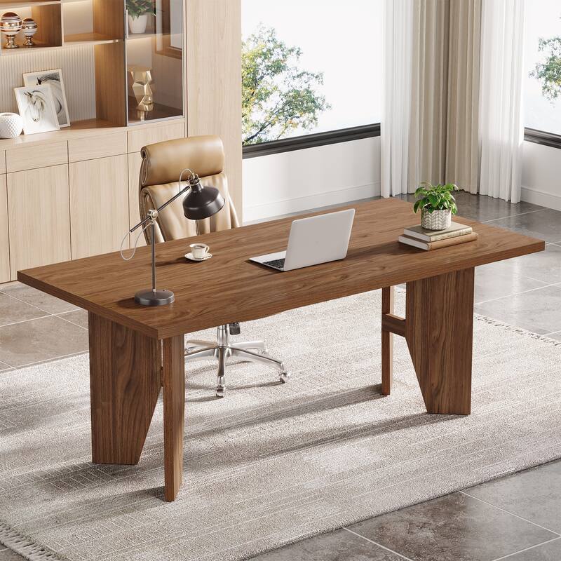 63" Executive Desk, Farmhouse Office Computer Desk with Sturdy Legs - Brown