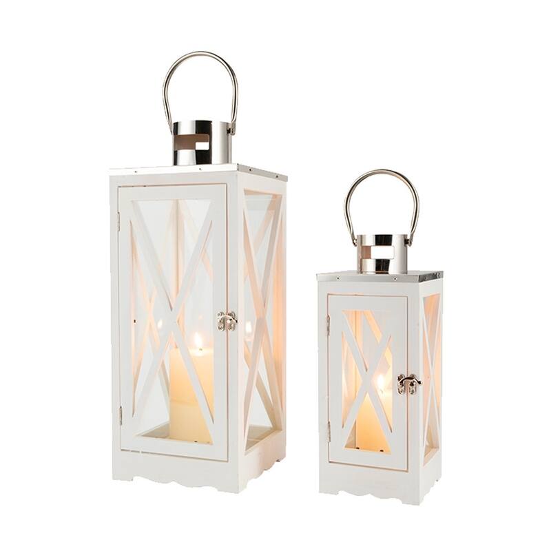 Set of Two Clear And White Glass And Solid Wood Floor Lantern Candle Holders