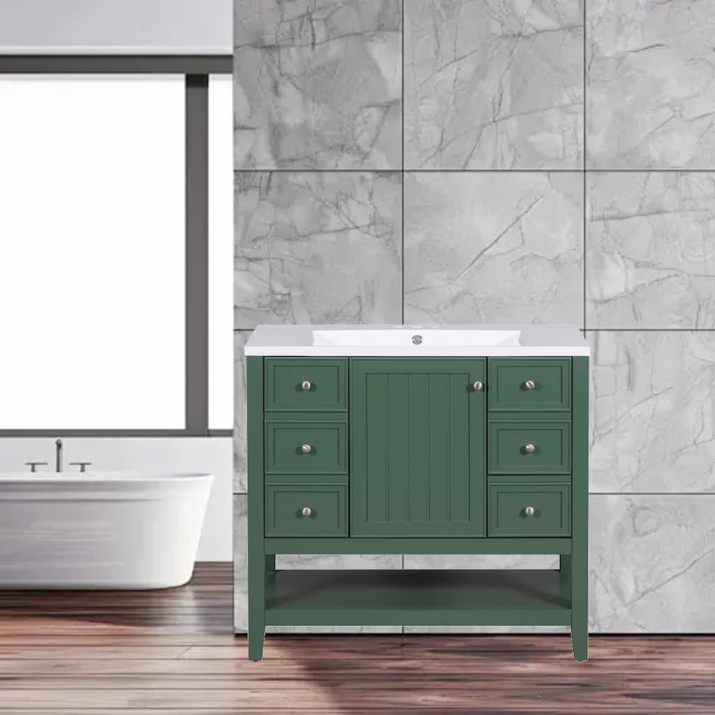 Modern 36" Freestanding Bathroom Vanity with Sink, Cabinet, Three Drawers, and Open Shelf