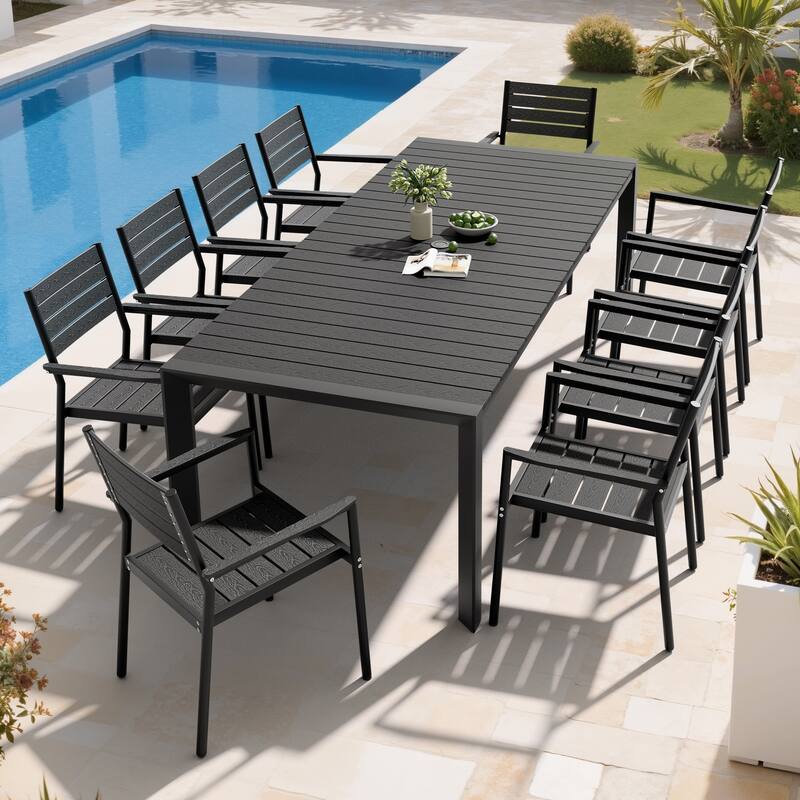 Set of 11 Outdoor Patio Dining Set WoodLike Table Top Aluminum Umbrella Hole Table with Stackable Chairs