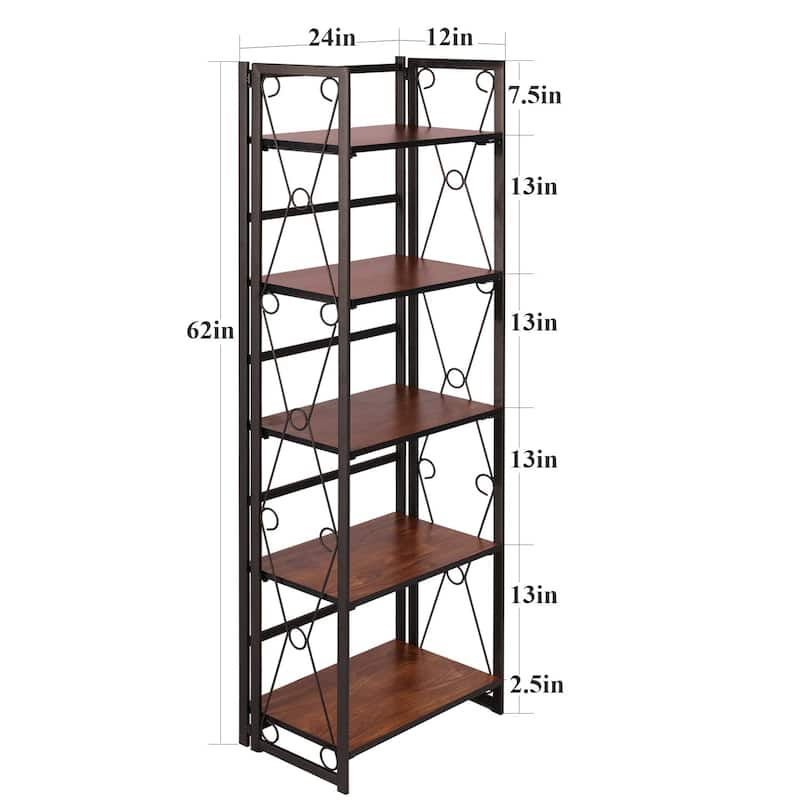 VECELO Bookshelf, 5 Shelf Folding Bookcase No Assembly, Industrial Metal Frame Shelves Rack Organizer for Living Room, Office