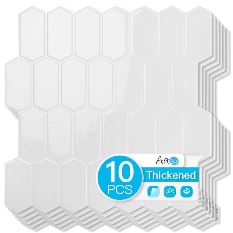 Art3d 10pcs Peel and Stick Backsplash Thickened Wall Tiles, 12''x12'', Cover 10 Sq.Ft. - White