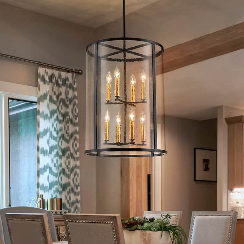 Black Glass Foyer Drum Chandeliers for Dining Room Hight Ceiling Living Room - W17.72"