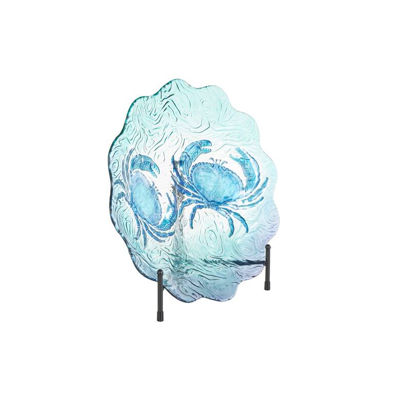 Blue Glass Ombre Decorative Plate Crab Charger with Wavy Edge and Swirl Patterns