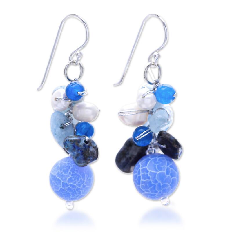 NOVICA Handmade Sterling Silver Blue Multi-gemstone and 4mm Pearl Earrings (Thailand) - 1.8" L x 0.5" W - White - 1.8" L x 0.5" W - Dyed Blue - Lapis - White