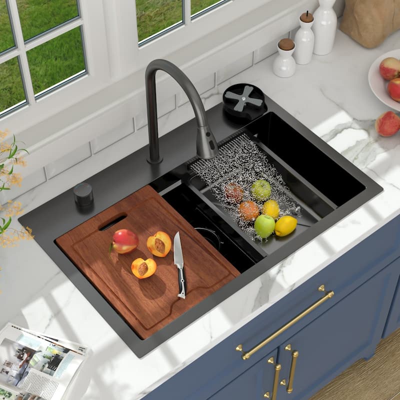 Lordear 31" Kitchen Sink Drop In Flying Rain Waterfall Stainless Steel Sink with Cup Washer and Pull Out Faucet