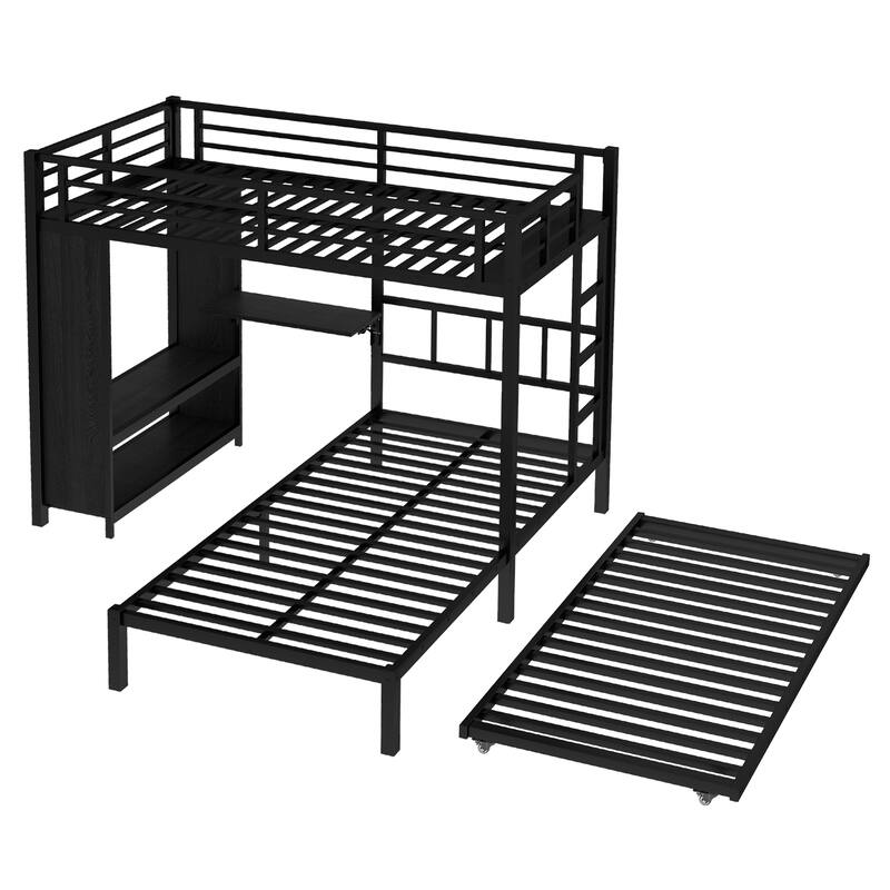 Roomfitters Twin/Full/Queen Metal Bunk Bed with Built-in Wardrobe, Trundle & Foldable Desk, Noise-Reduced Design, Black