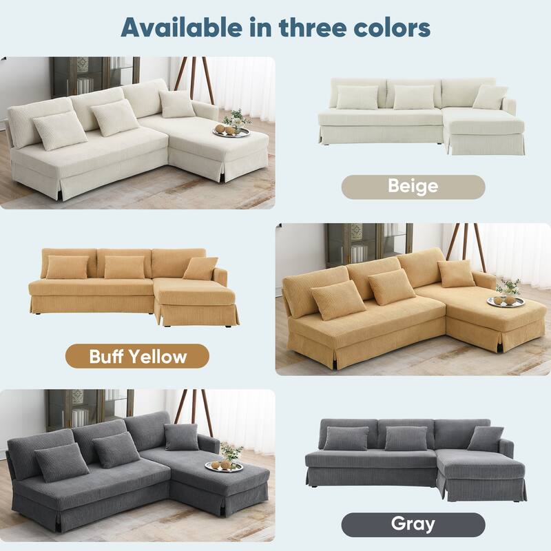 87X61"Modern L-shaped Corduroy Sofa with Reversible Chaise, 4-seat Upholstered Sectional Indoor Furniture for Living Room