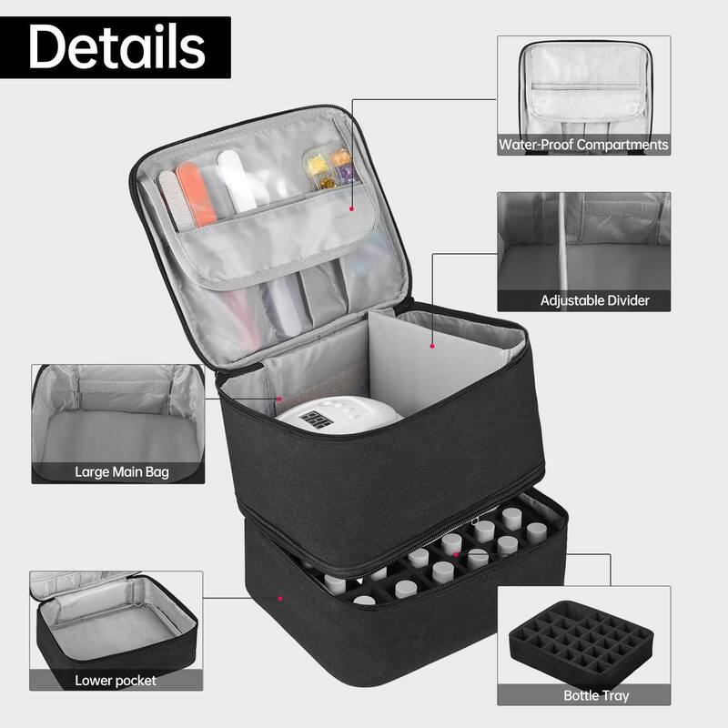 Double-Layer Nail Polish Organizer Bag, Holds 27 Bottles, Nail Tools & Dryer Storage Case with Adjustable Dividers