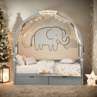 Pinewood Ground-Level Twin Size Canopy Bed with Arched Canopy,Tent,Light Strip and Two Drawers